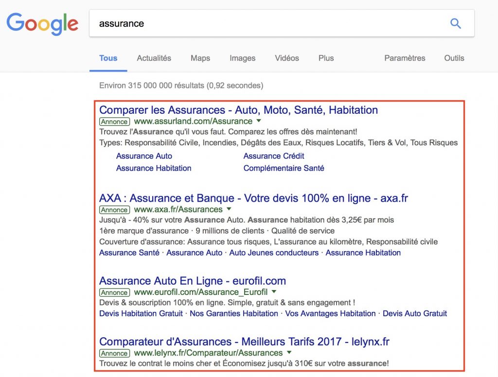 Annonces dans les résultats des moteurs de recherche
