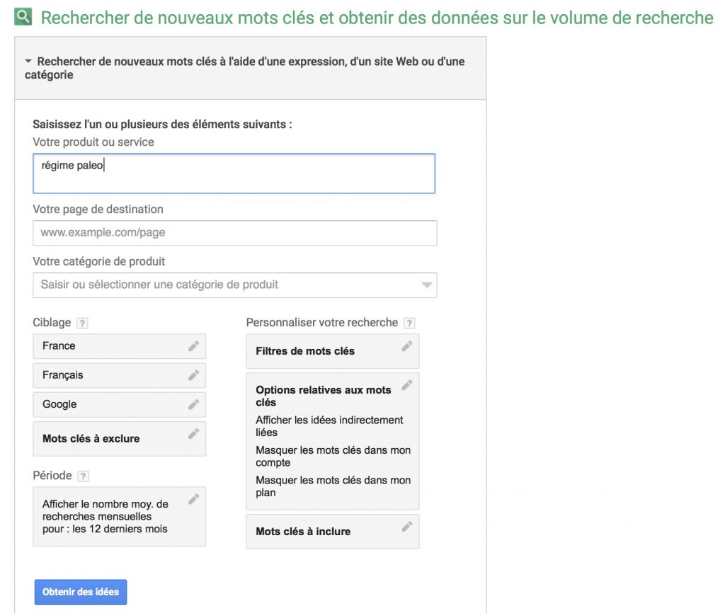 Outil de planification de mots-clés de Google