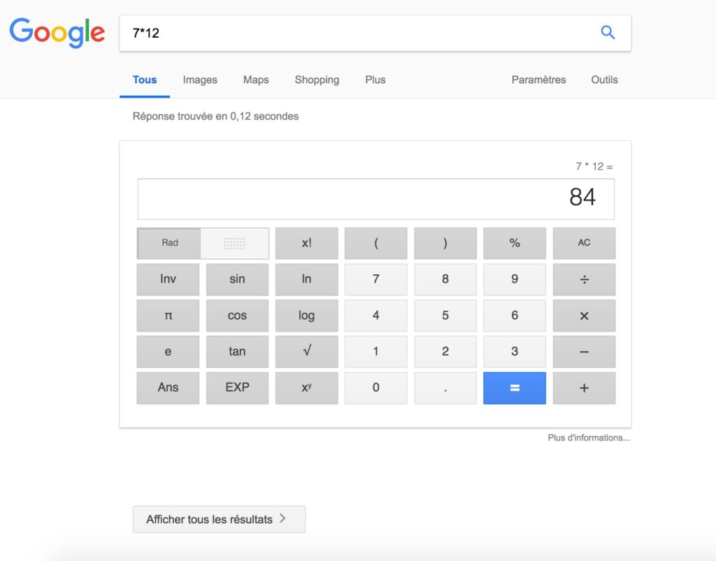 Résultats calcul Google